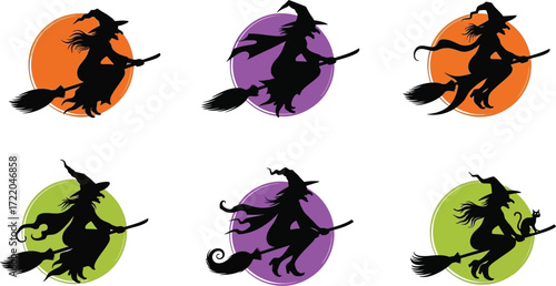 Silhouettes of witches flying broomsticks against colorful moon, halloween themed illustrations