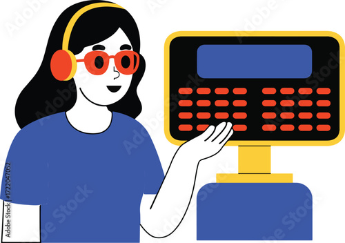 Person wearing headphones and glasses at a calculator