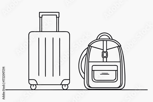 Line art drawing of a rolling suitcase and backpack on a white background luggage travel