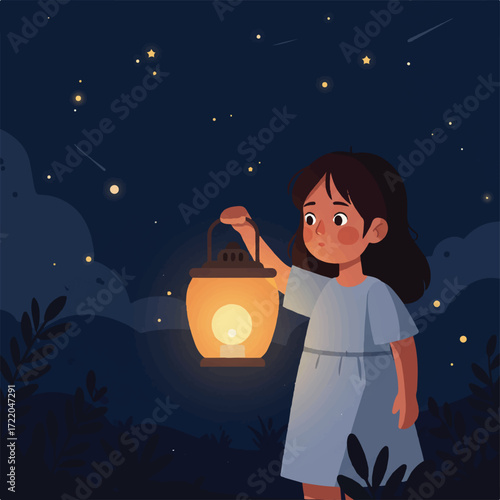 A girl holds a lantern under a starry night sky