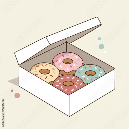 A white box with an open lid filled with five colorful donuts
