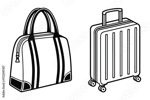 Outline Illustrations Of A Duffle Bag And A Suitcase On White Background luggage travel