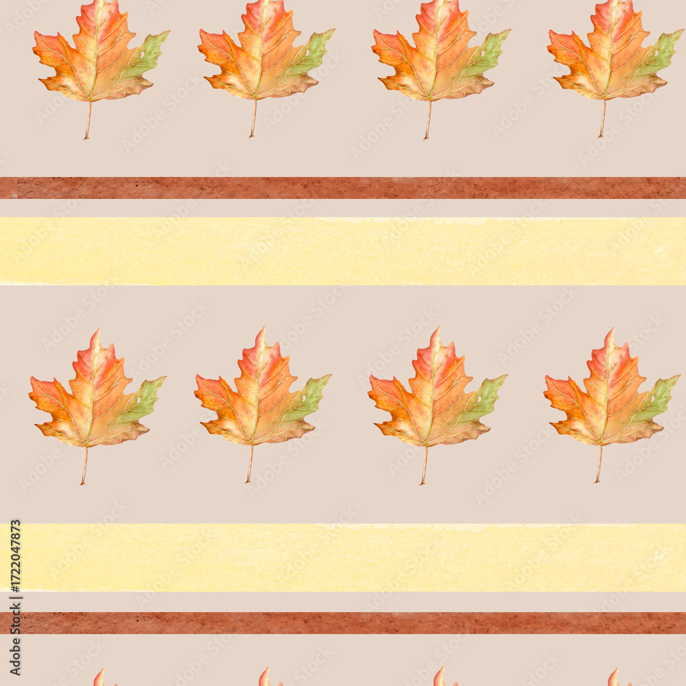 custom made wallpaper toronto digitalSeamless pattern of horizontal brown stripes autumn leaves, hand-drawn in watercolor.