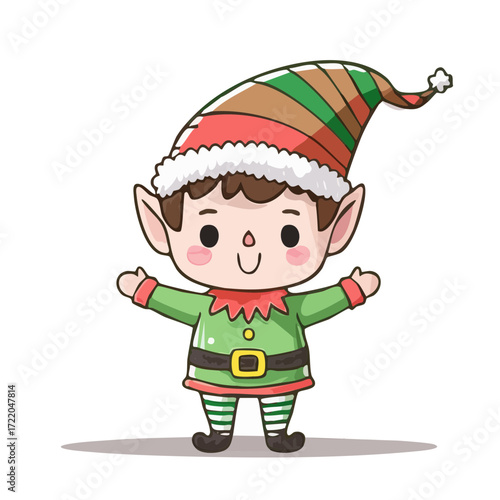 Cute Christmas Elf Vector — Adorable Holiday Elves in Green Outfits with Striped Santa Hats