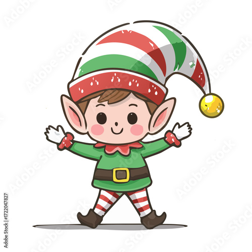 Cute Christmas Elf Vector — Adorable Holiday Elves in Green Outfits with Striped Santa Hats