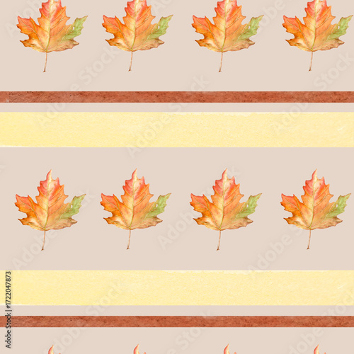 Wallpaper Mural Seamless pattern of horizontal brown stripes autumn leaves, hand-drawn in watercolor. Torontodigital.ca