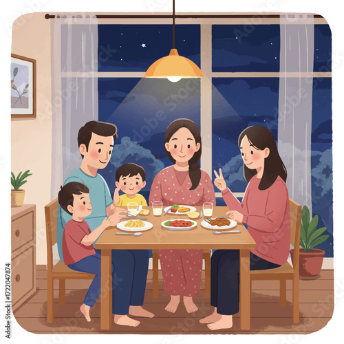 Family dinner by the window at night