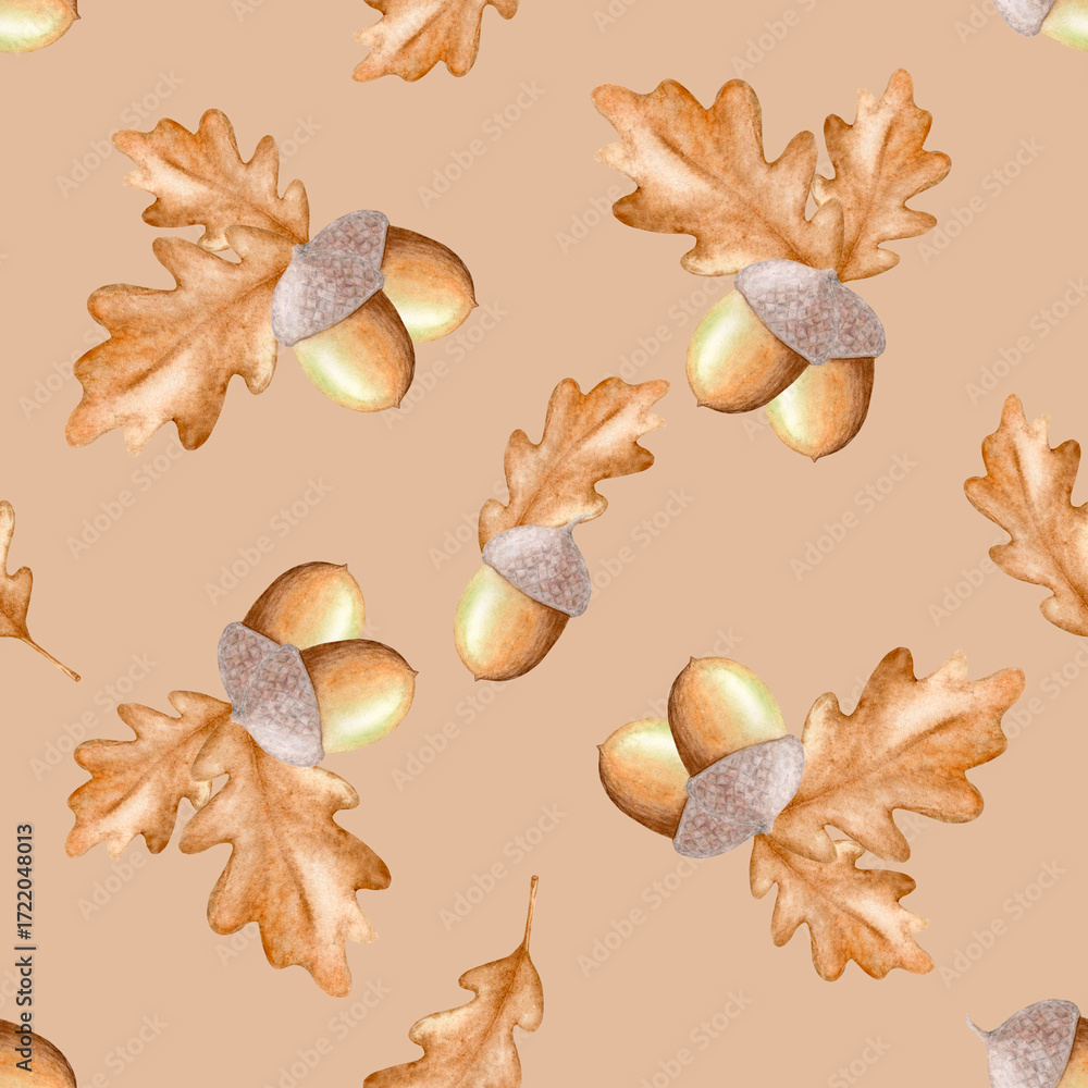custom made wallpaper toronto digitalseamless pattern of autumn acorns and oak leaves, hand-drawn in watercolor.