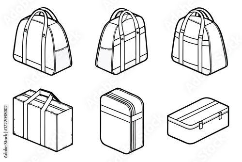 Six Outline Isometric Duffel Bags and Suitcases on White Background luggage travel