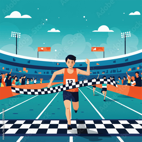 Runner breaks finish line tape stadium crowd cheers in background