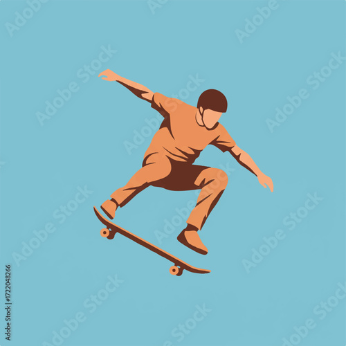 A stylized flat illustration of a skateboarder in midair against a blue background