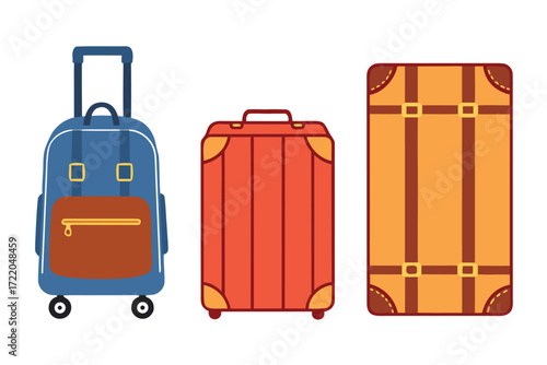 Three flat design suitcases including a blue backpack style and two vintage style cases luggage