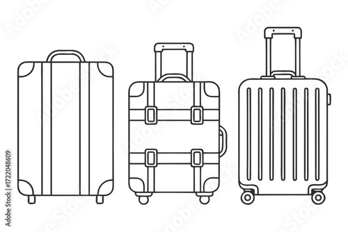 Three Outline Suitcases Lined Up On White Background luggage travel