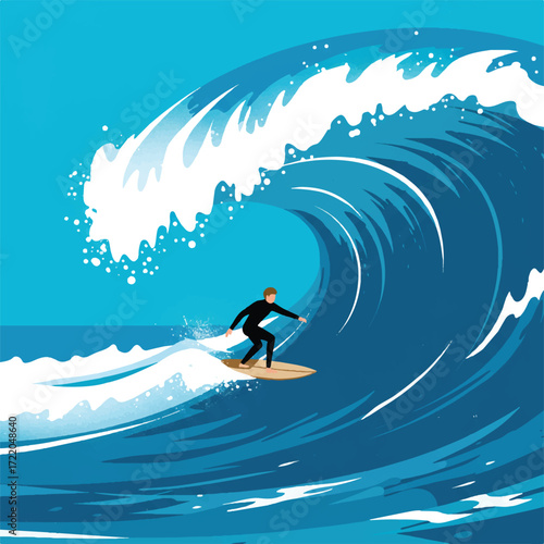 Surfer riding a large blue wave with white spray