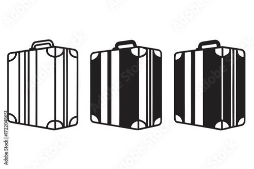Three stylized suitcases in outline and solid black fill luggage travel
