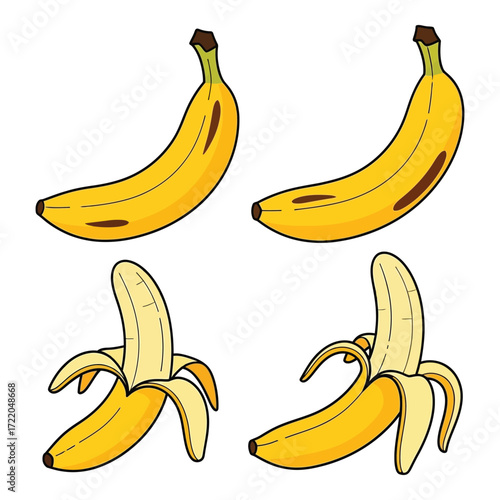 Four yellow bananas one partially peeled fresh tropical fruit isolated delicious food