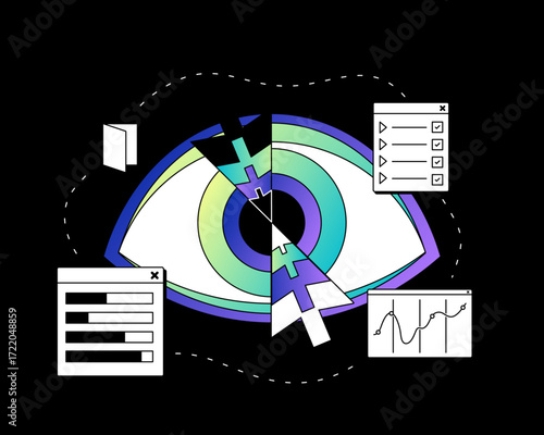 Vector illustration of an eye symbol with a mouse cursor and a target line. Internet privacy symbol. Trackers. web activity evaluation. web privacy.