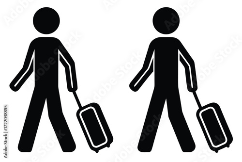 Two Black Silhouette Figures Walking With Rolling Suitcases travel luggage