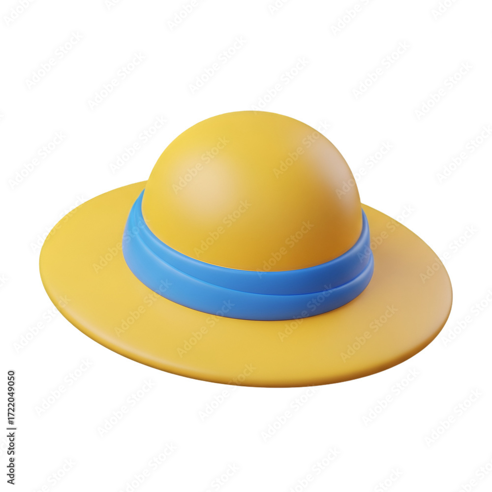Fototapeta premium Yellow straw hat with blue ribbon isolated on transparent background