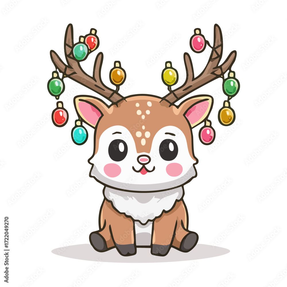 Fototapeta premium Cute Christmas Reindeer Vector — Adorable Holiday Reindeer with Antlers Decorated in Festive String Lights