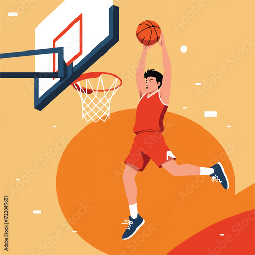 Basketball player dunks a ball leaping towards a hoop