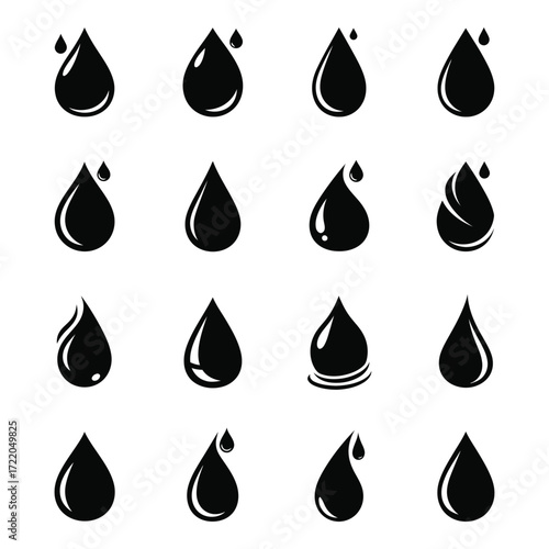 Collection of glossy black water droplet icons showing different shapes and textures