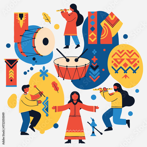 A vibrant and dynamic illustration of a traditional folk music festival with musicians dancing and playing ethnic instruments