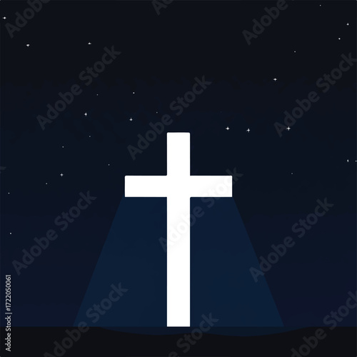 A white cross stands in a dark sky with scattered stars