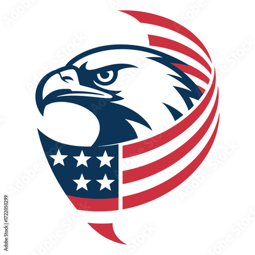 Stylized navy blue eagle head logo with sharp beak and American flag ribbon with red stripes and blue stars on black background