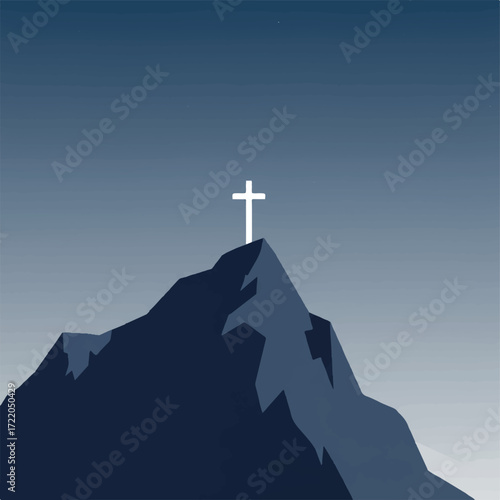 A white cross stands atop a dark mountain peak under a gradient blue sky