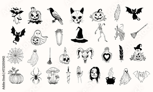 Cute Halloween Elements Set with Coffins, Pumpkins, Crows, Black Cats, Ghosts, Witches, Skeletons, Brooms, Spider Webs, Skulls, Potions, Mushrooms, and Bats