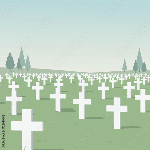 Rows of white crosses stretch across a green field under a hazy sky