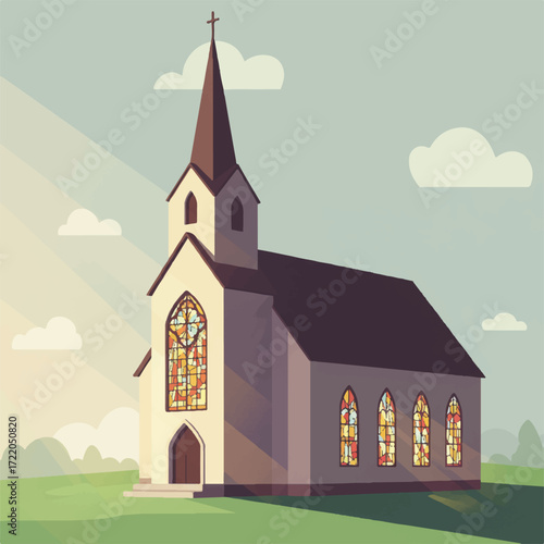 A pixelated church with stained glass windows and a steeple