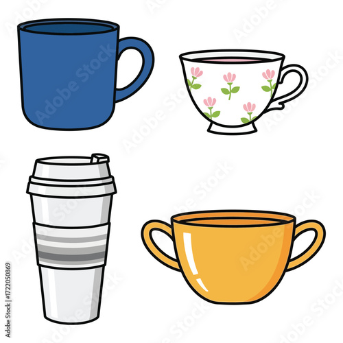 Collection of four different types of mugs and cups for coffee tea or beverages