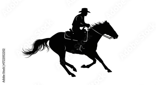 Silhouette illustration of a cowboy riding a horse at full speed in black and white style image art