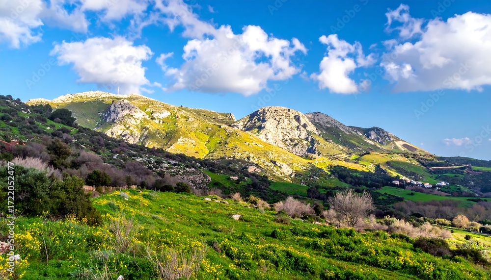 Naklejka premium Lush Green Hills and Blue Sky with Clouds in a Serene Landscape.