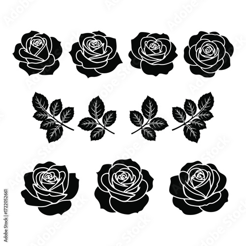 Elegant black rose silhouettes collection for romantic designs and floral artistry
