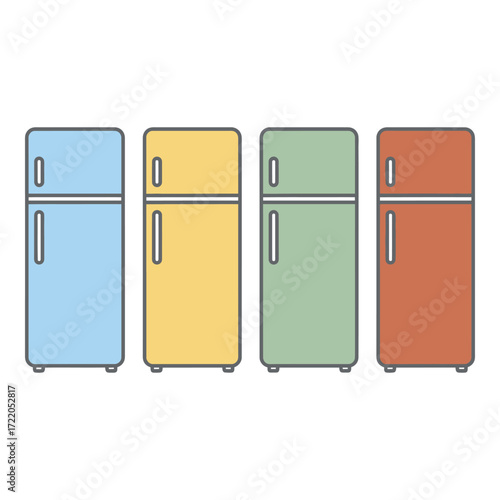 Colorful retro refrigerators arrayed side by side displaying vintage appliance design