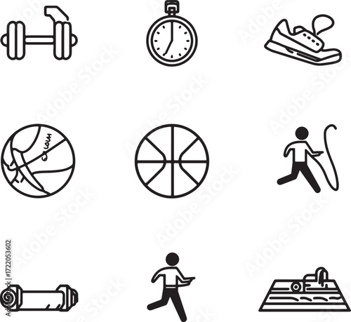 Collection of nine black and white line art icons showcasing fitness and sports equipment and activities Keywords: fitness, sports, icons, line art, dumbbell, barbell, stopwatch, running shoe
