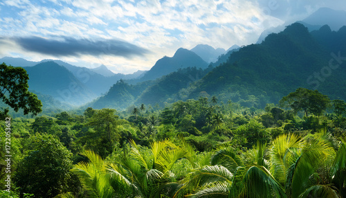 Painting Of A Lush Green Jungle With Mountains In The Background