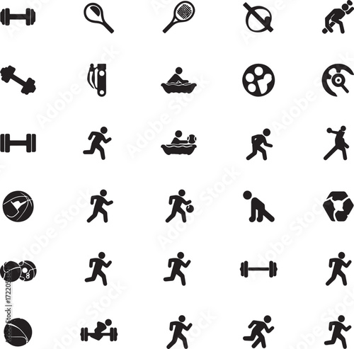 Collection of Silhouette Icons Representing Sports and Fitness Activities Keywords: fitness, sport, icon, silhouette, dumbbell, tennis racket, running, swimming, weightlifting, basketball, cycling