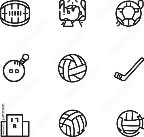 Collection of nine sport icons in a grid format featuring balls and equipment Keywords: sports, icons, equipment, balls, bowling, football, volleyball, hockey, soccer, game, athletic, competition