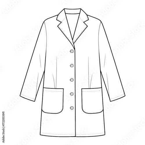 Black and white line drawing of a lab coat with buttons and pockets doctor coat medical uniform