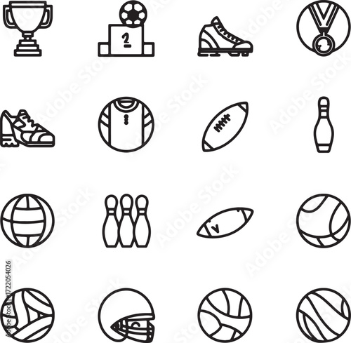 Collection of sixteen sport icons featuring trophies, shoes, balls, and athletic equipment in outline format Keywords: sports, icons, equipment, balls, trophies, shoes, soccer, football
