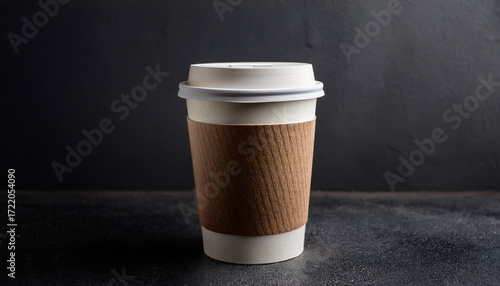 A Single Takeaway Cup Of Coffee Sits On A Dark Surface Against A Textured Background
