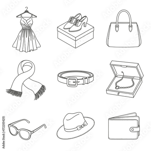 Nine black and white line art icons of fashion accessories including a dress scarf belt necklace hat purse shoes and wallet
