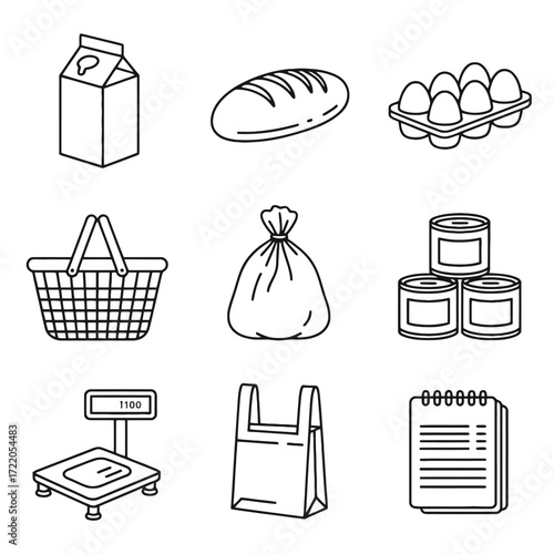 Set of nine black and white line art illustrations of grocery items and shopping accessories food
