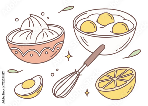 Whimsical Culinary Preparation Still Life with Cream Eggs Lemon and Whisk Artwork for Food Blog or Recipe Illustration