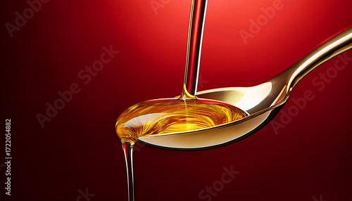 Pouring Golden Oil From Spoon On Red Background Close Up