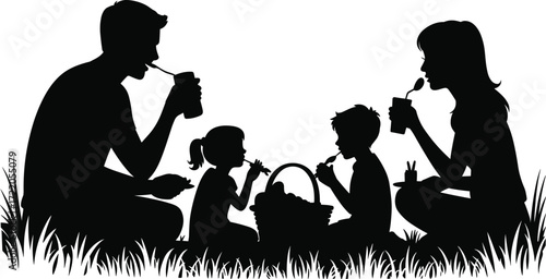 Black silhouette family picnic on grass, outdoor leisure, children eating, parents relaxing, minimal design, white background, vector illustration, togetherness concept